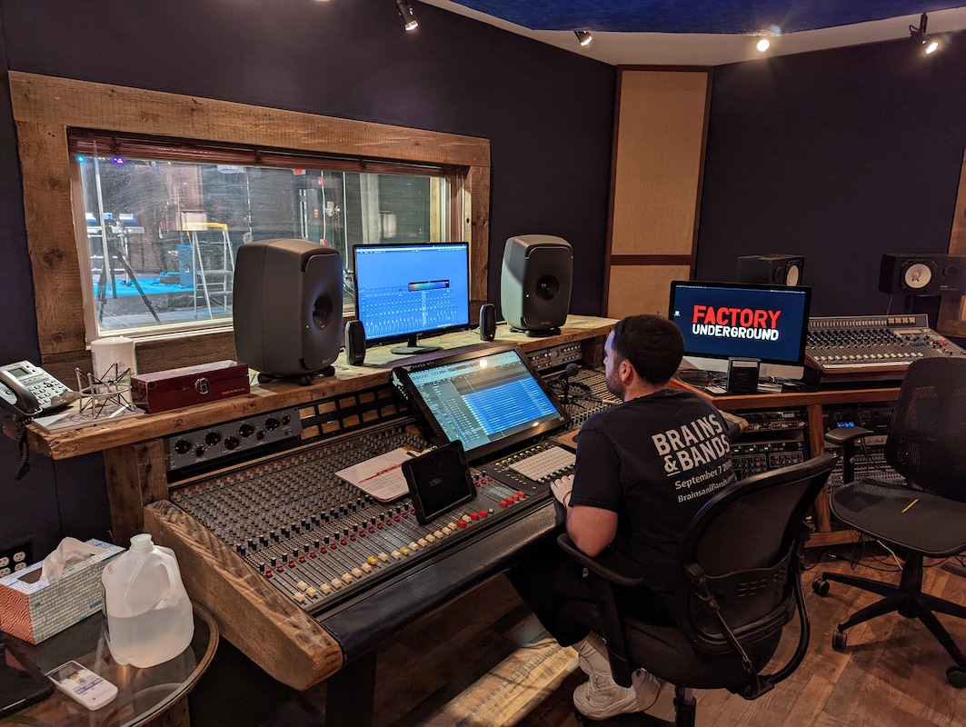 The mixing board and window into the stage area